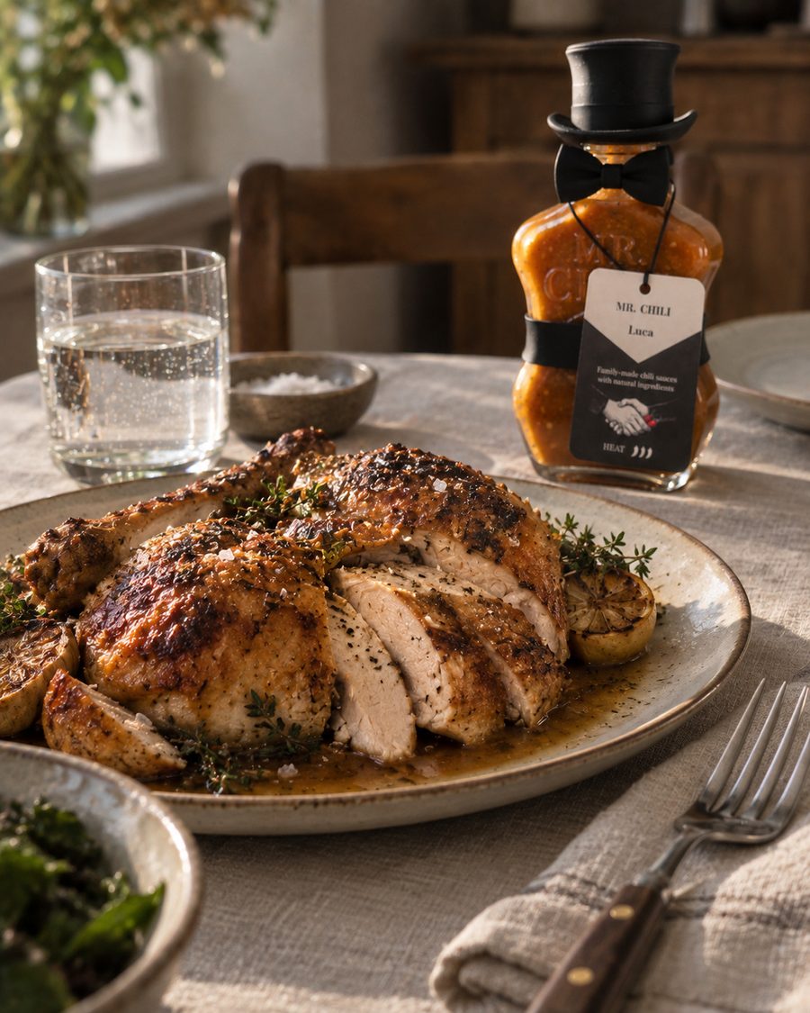 Poulet, die Flasche am Tellerrand