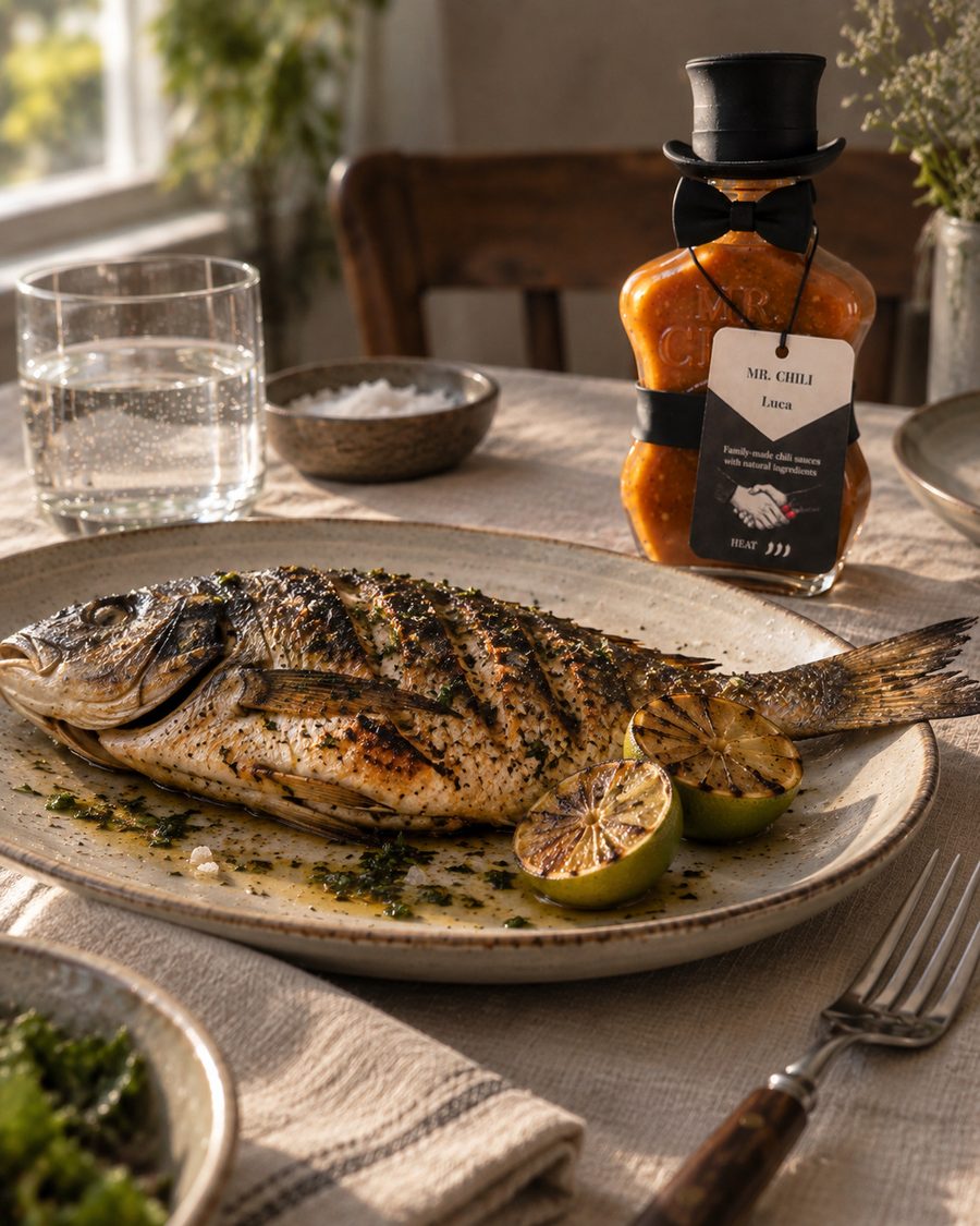 Fisch und Meeresfrüchte, die Flasche am Tellerrand