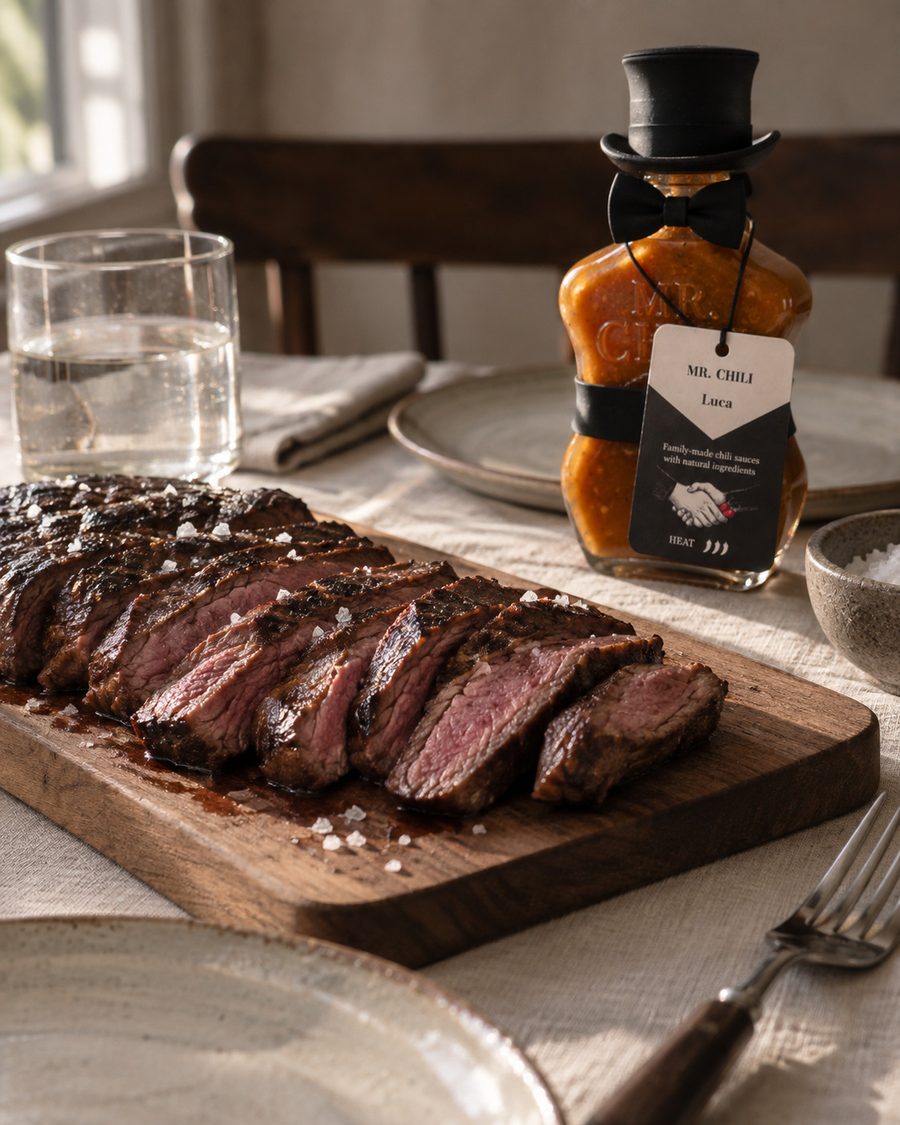 Grilliertes Fleisch, die Flasche am Tellerrand