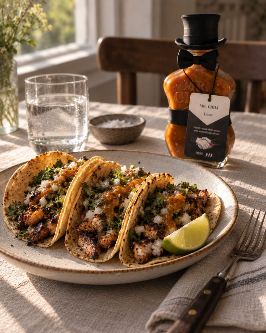 Tacos and burritos, with the MR. CHILI sauce that belongs with it