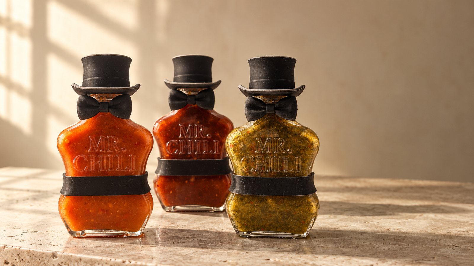 The three MR. CHILI bottles side by side: Luca, Smoky Habanero and Green Coriander, each with its hat and bow tie