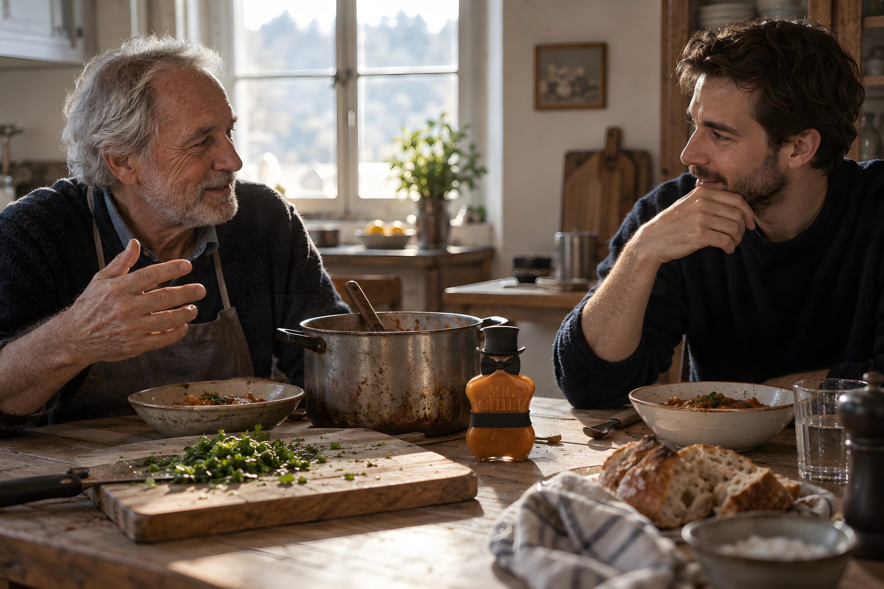 Father and son at the kitchen table, a pot between them