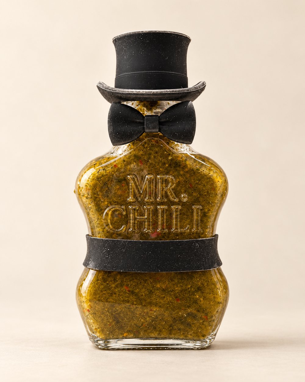 The Green Coriander bottle, hat and bow tie, on paper