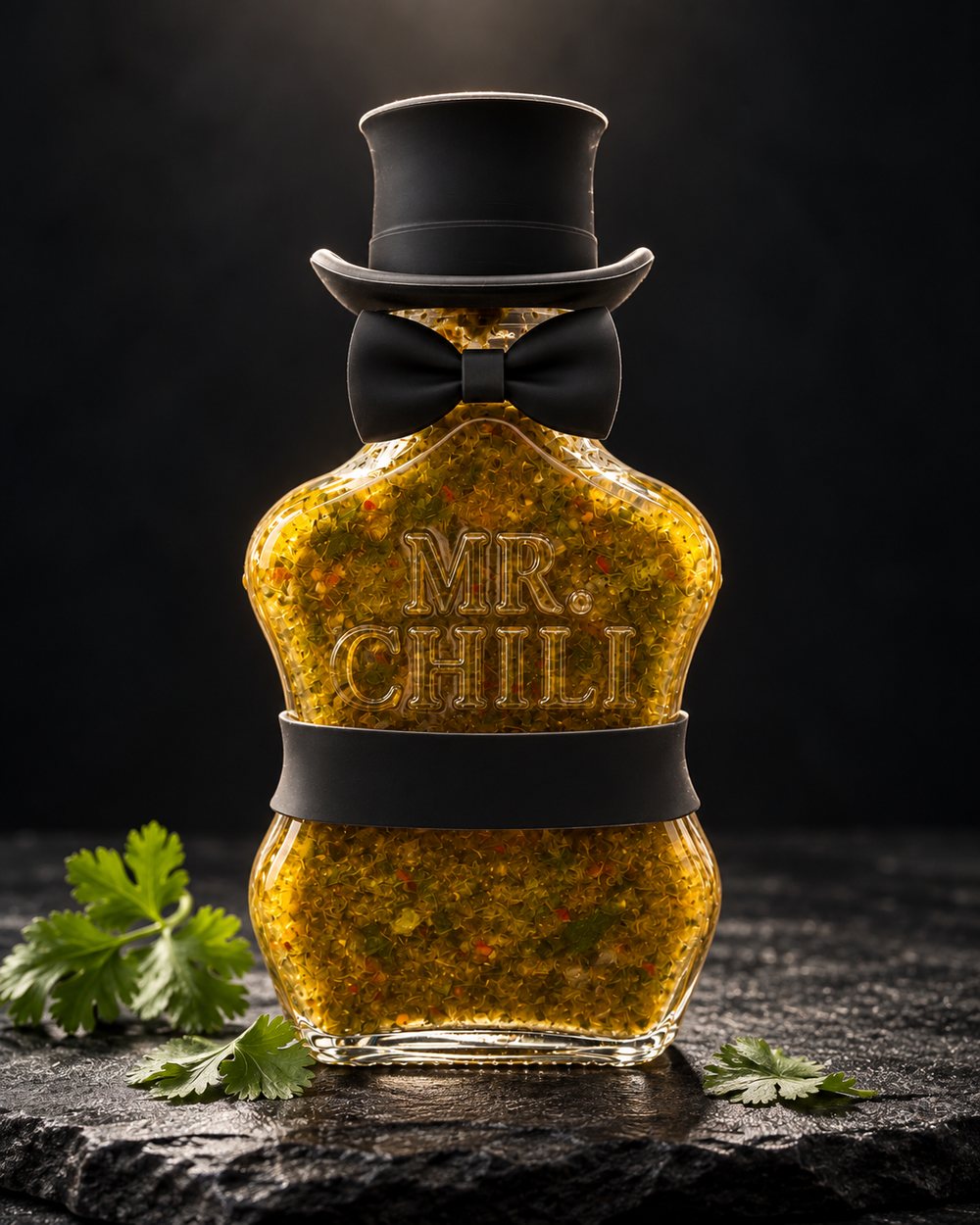 The Green Coriander bottle on dark stone, with coriander leaves