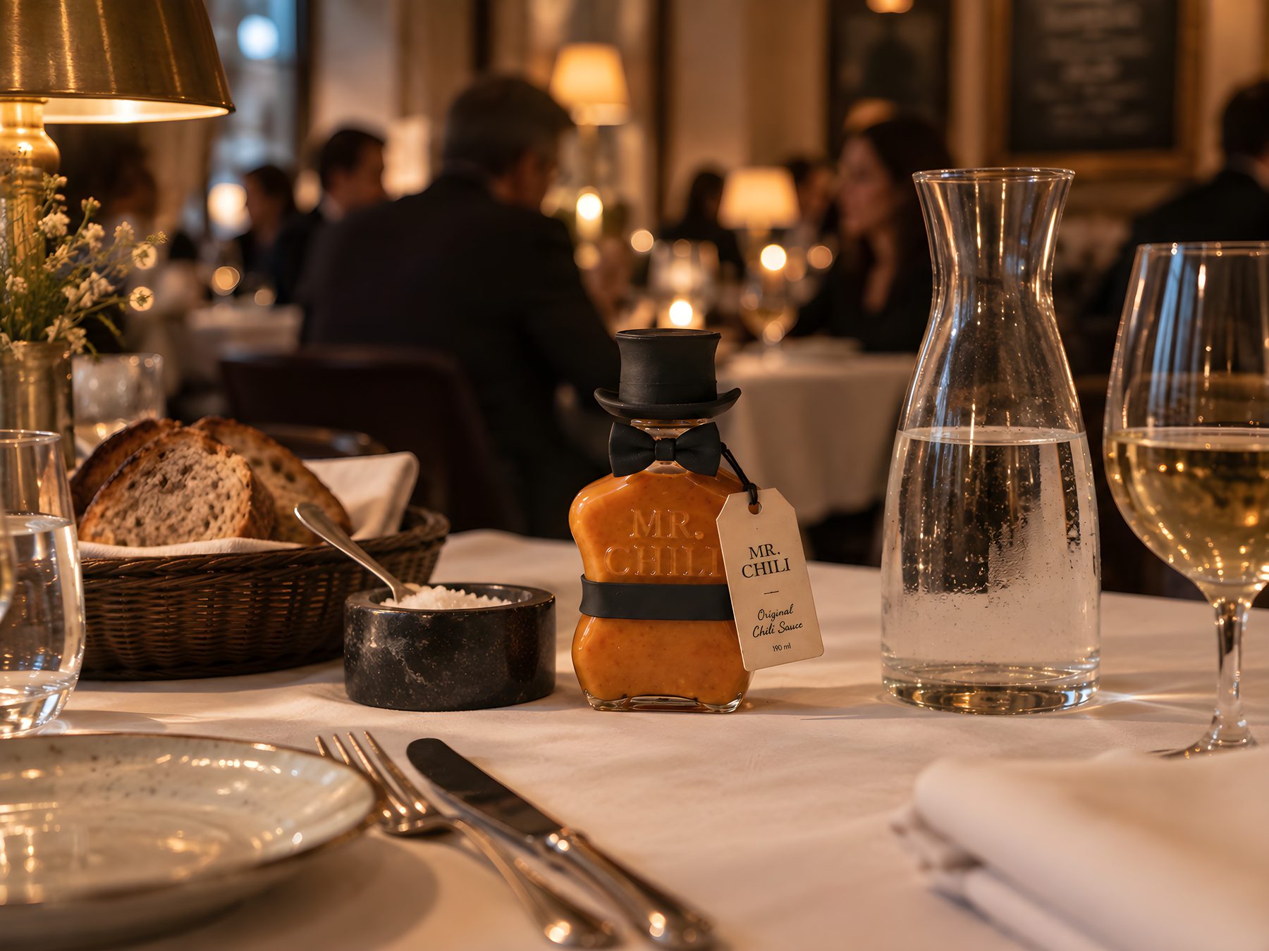 The bottle on a restaurant table between the salt and the water